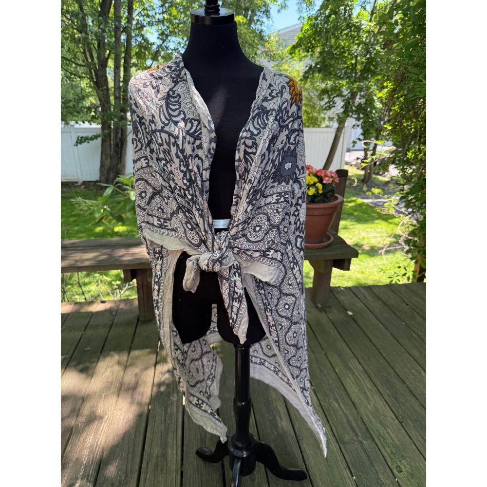 Free People Floral Paisley Kimono Wrap Grey Orange Boho Multi-Way Shawl OS